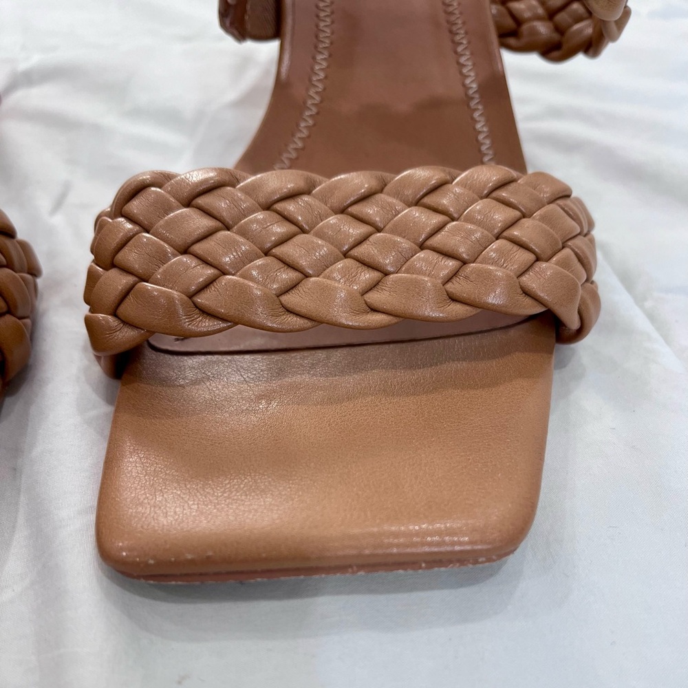 Womens Tan Braided Strappy Square Open Toe Slip On Chunky Heeled Sandals Size 10 - Picture 12 of 12